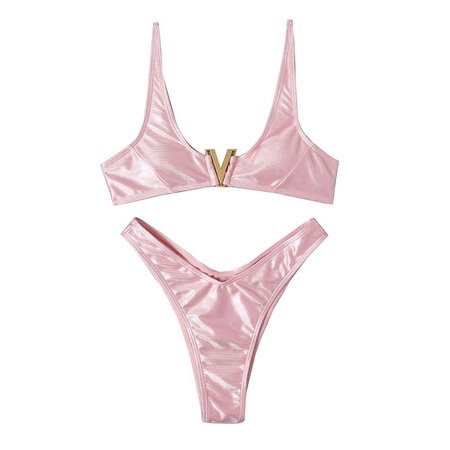 Pink Color Metallic V Wired High Cut Bikini Swimsuit -Ostar Swimwear recommend